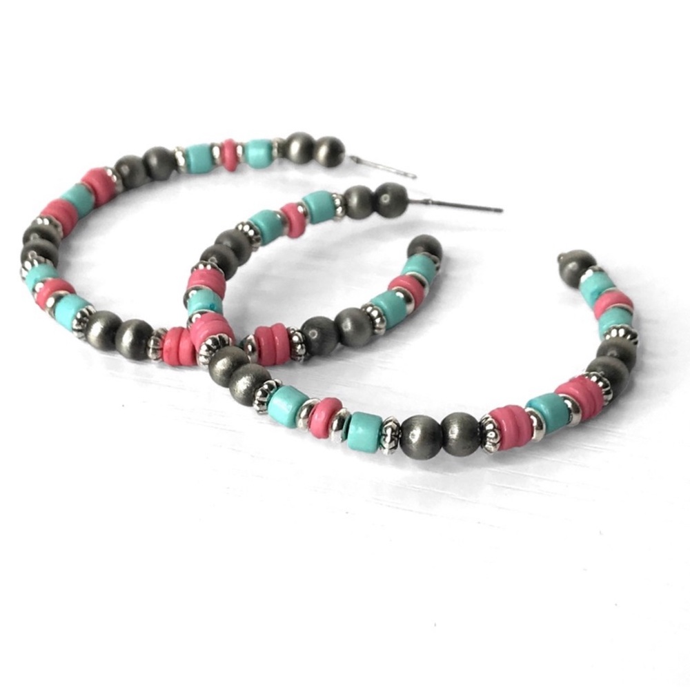 Western Colorful Women's Turquoise Pink Silver Gunmetal Hoop Earrings